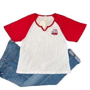 NWT Altar'd State White & Red "Happy Camper" Embroidered Cotton Tee - SIZE SMALL